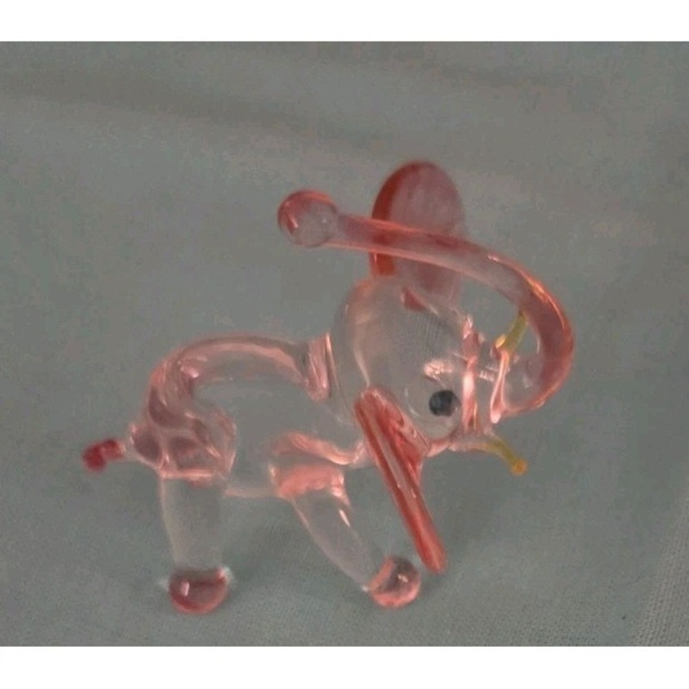 Glass Elephant Clear with Pink Trim Trunk‎ Up Collectible Art Glass  GOOD LUCK